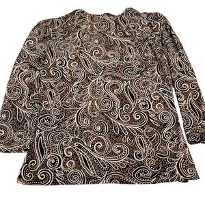 Susan Lawrence Top Size M Brown Gold White Paisley Type Pattern Stretch V Neck